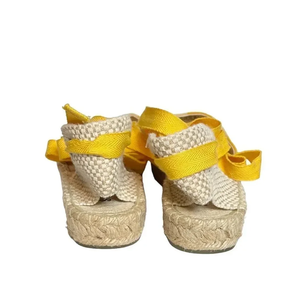Soludos Lauren Espadrilles Size 7 Plaid Marigold Ankle Wrap Ties Jute EUC